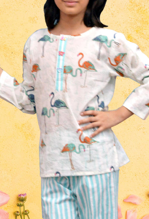Off White with Blue Flamingo Nightwear